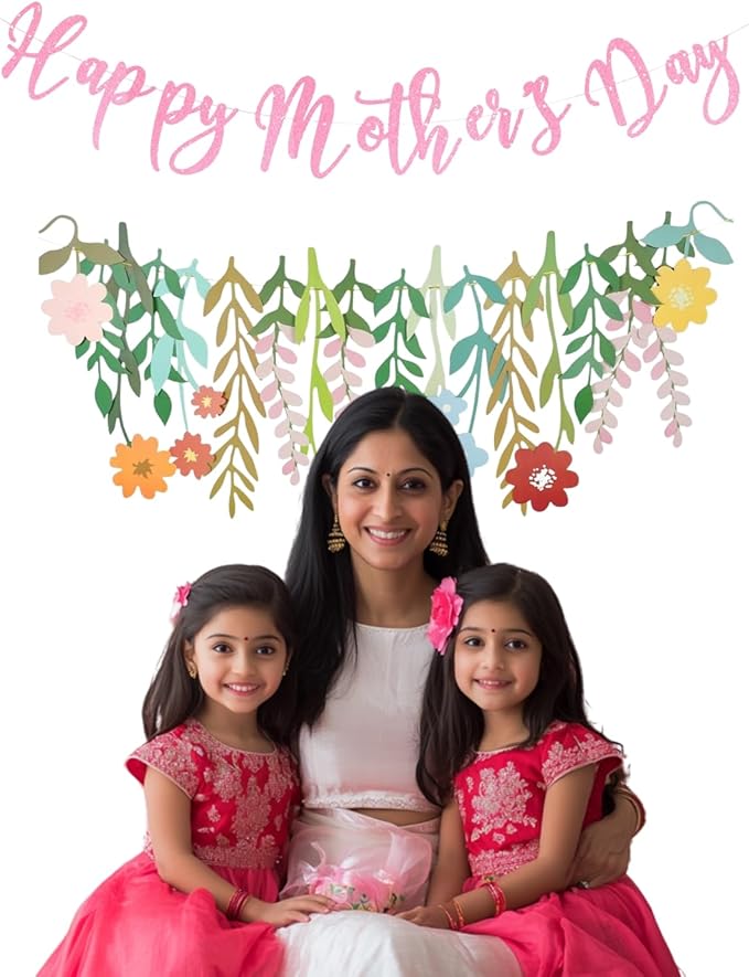Giga Gud Happy Mother's Day Banner Set Decoration for Mom's Day Party Decorations Backdrop Garland for Mom Mother's Day Glitter Garland Photo Props (Pink Letter Flower)