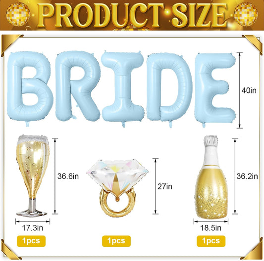 40inch Bride Balloons Baby Blue Letters Banner, Bachelorette Party Decorations Set with Diamond Ring Champagne Bottle Balloon Glass Foil Balloon for Bachelorette Engagement Wedding Bridal Shower Decor