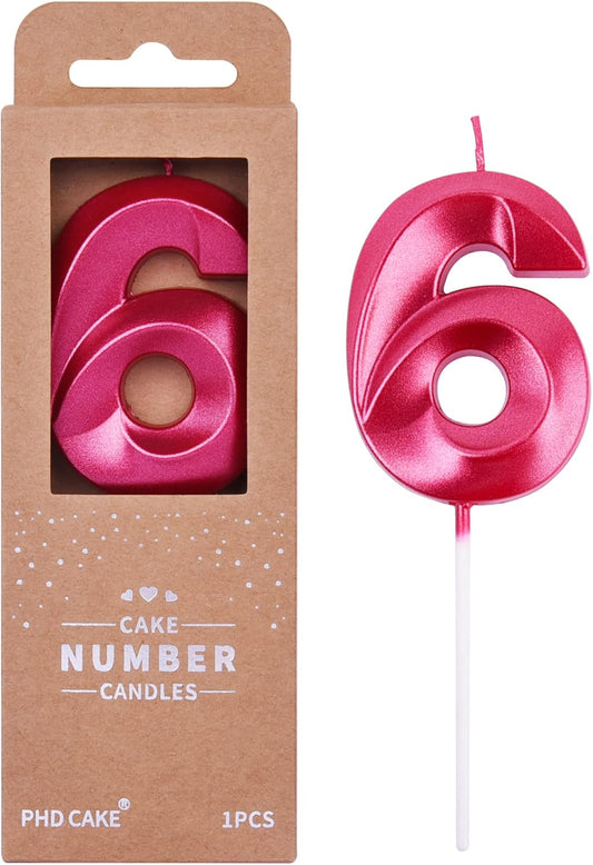 PHD CAKE 2.76 Inch Diamond Red 6 Number Birthday Candles, Red Number Candles, Cake Number Candles, Party Celebration