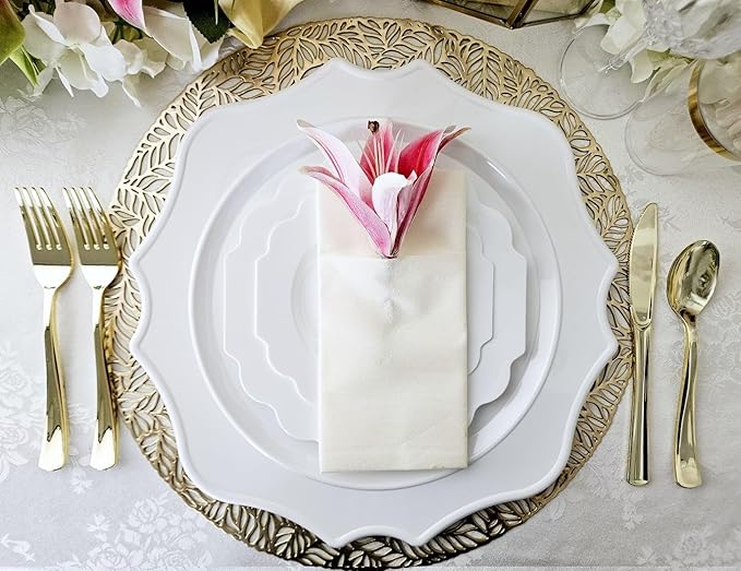 " OCCASIONS " 40 Pieces 13.25'' Scalloped Disposable/Reusable Plastic Charger Plates for Wedding, (Scalloped Imperial Plain White)