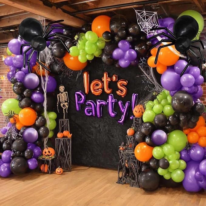 Black Purple Balloon Arch Double Stuffed Latex Orange Green Metallic Purple Black Balloon Garland for Halloween Thanksgiving Wednesday Birthday Vampire Retirement Prom Decor