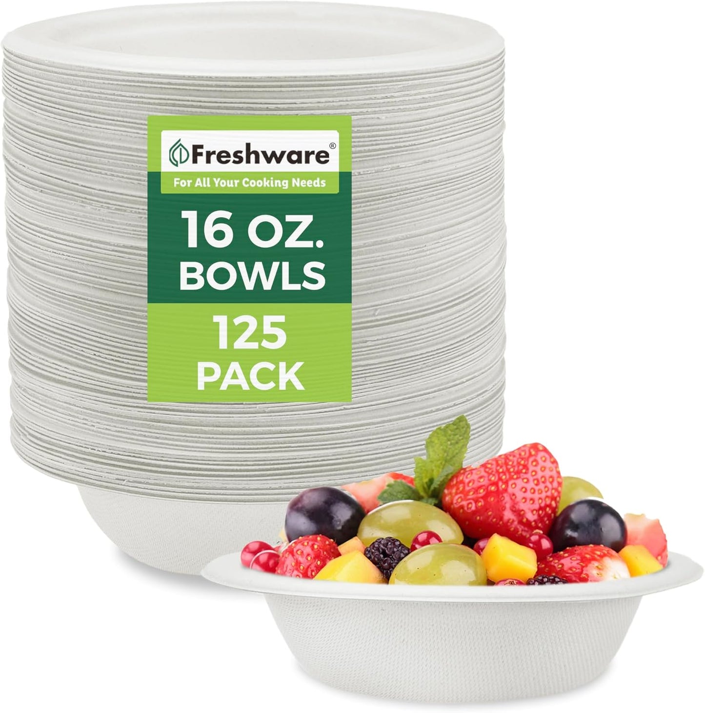 Freshware Paper Bowls - Disposable 16 oz. Soup Bowl, 125-Pack Biodegradable Sugarcane Fiber Serving Bowls - Heavy Duty Bagasse for Hot Food Plates - Microwave & Freezer Safe, Stackable Dinnerware