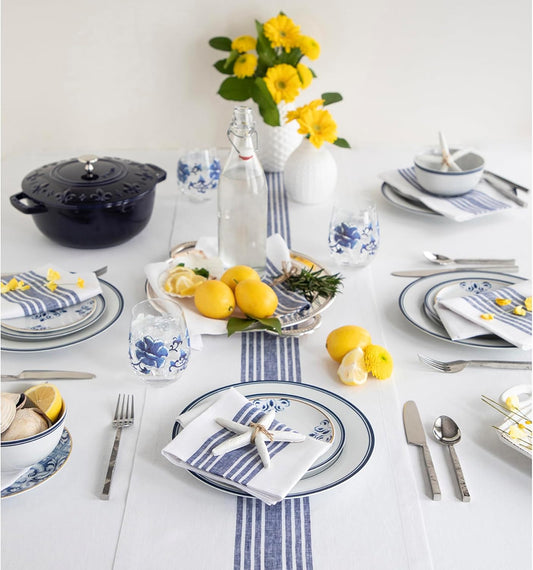 Solino Home Linen Striped Table Runner 108 Inches Long - Farmhouse 100% Pure Linen Navy and White Dining Table Runner 14 x 108 Inch for Fall, Autumn, Thanksgiving, Christmas, Holiday