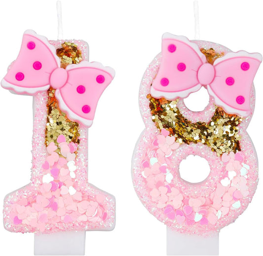 Pink 18 Number Birthday Candles with Gold Glitter, Party Decoration for Girls