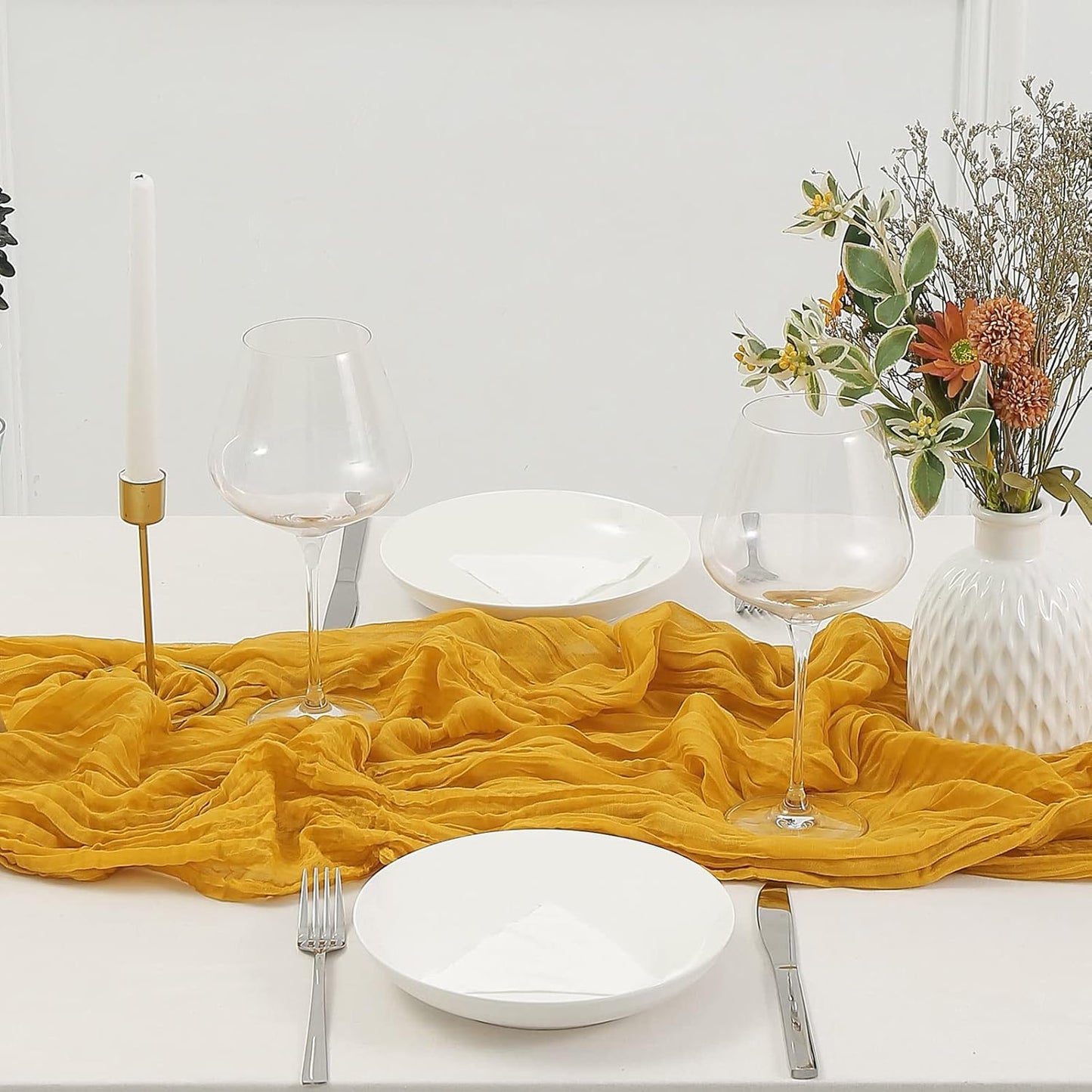 DOLOPL Mustard Yellow Cheesecloth Table Runner 13.3ft Boho Gauze Cheese Cloth Table Runner Rustic Sheer Runner 160inch Long for Wedding Bridal Baby Shower Birthday Party Cake Table Decorations