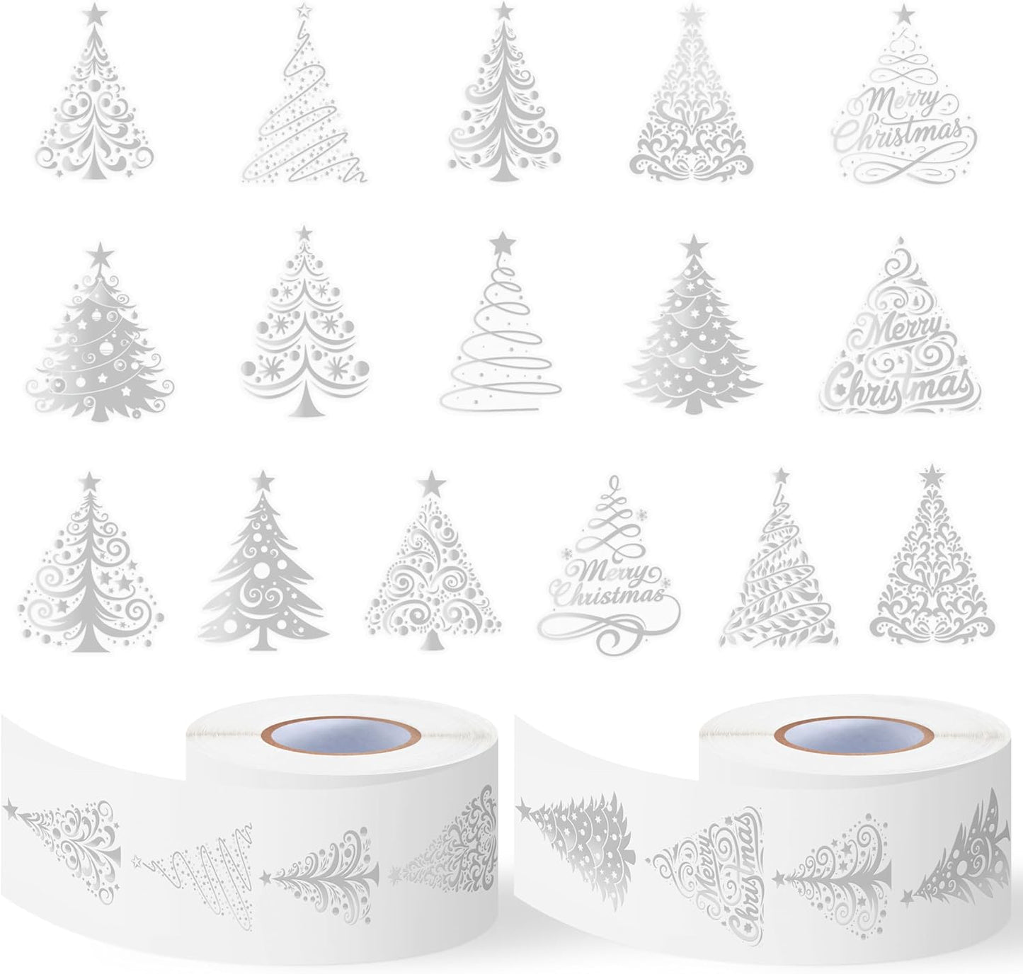 Foil Christmas Tree Stickers - 2 Rolls 16 Designs Easy Peel Metallic Tree Waterproof Decals for Gift Wrapping, Holiday Cards, Water Bottle Laptop Decor, Kids Crafts & Party Supplies
