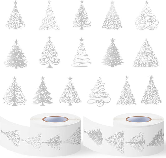 Foil Christmas Tree Stickers - 2 Rolls 16 Designs Easy Peel Metallic Tree Waterproof Decals for Gift Wrapping, Holiday Cards, Water Bottle Laptop Decor, Kids Crafts & Party Supplies