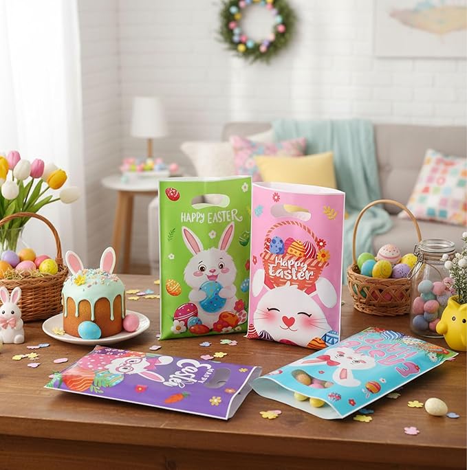 Easter Treat Bags with Handles, 50Pcs Colorful Bunny Treat Bags Bulk, Plastic Goody Candy Cookie Snack Tote Gift Bag for Happy Easter Egg Hunt Activity Spring Holidays Party Favor Supplies Decorations