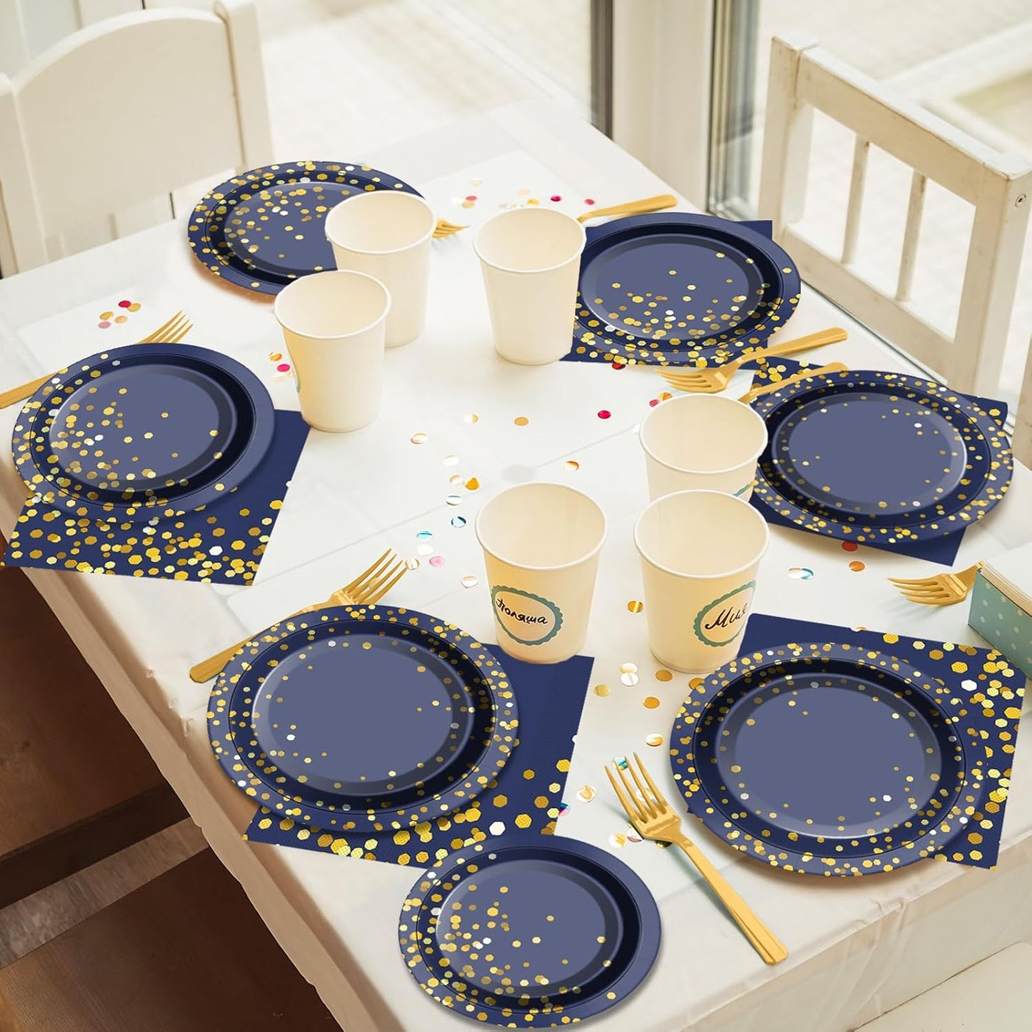 gisgfim 50 Guests Blue and Gold Party Supplies Tableware Set Gold Dot on Blue Paper Plates Napkins Disposable Paper Plates Graduation Table Decors for Men Women Happy Birthday Party Decorations 200PCS