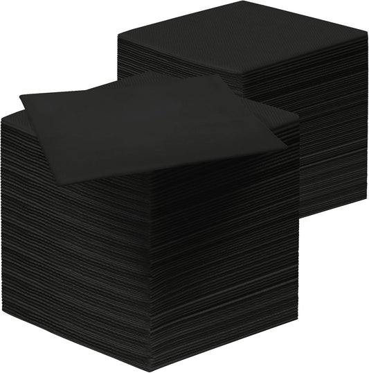 Black Linen-Feel Beverage Napkins - 200PCS Disposable Cocktail Napkins, Soft & Absorbent, 1/4 Fold, 5" x 5" Black Napkins Cloth for Bar, Café, Party, Wedding Or Event