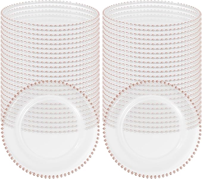 50 PCS Clear Round Charger Plates with Beaded Rim, 13 Inch Plastic Acrylic Plate, Plastic Round Beaded Dinner Decorative Service Plates for Wedding Party Event, Home Kitchen Tabletop(Pink)