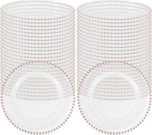 50 PCS Clear Round Charger Plates with Beaded Rim, 13 Inch Plastic Acrylic Plate, Plastic Round Beaded Dinner Decorative Service Plates for Wedding Party Event, Home Kitchen Tabletop(Pink)