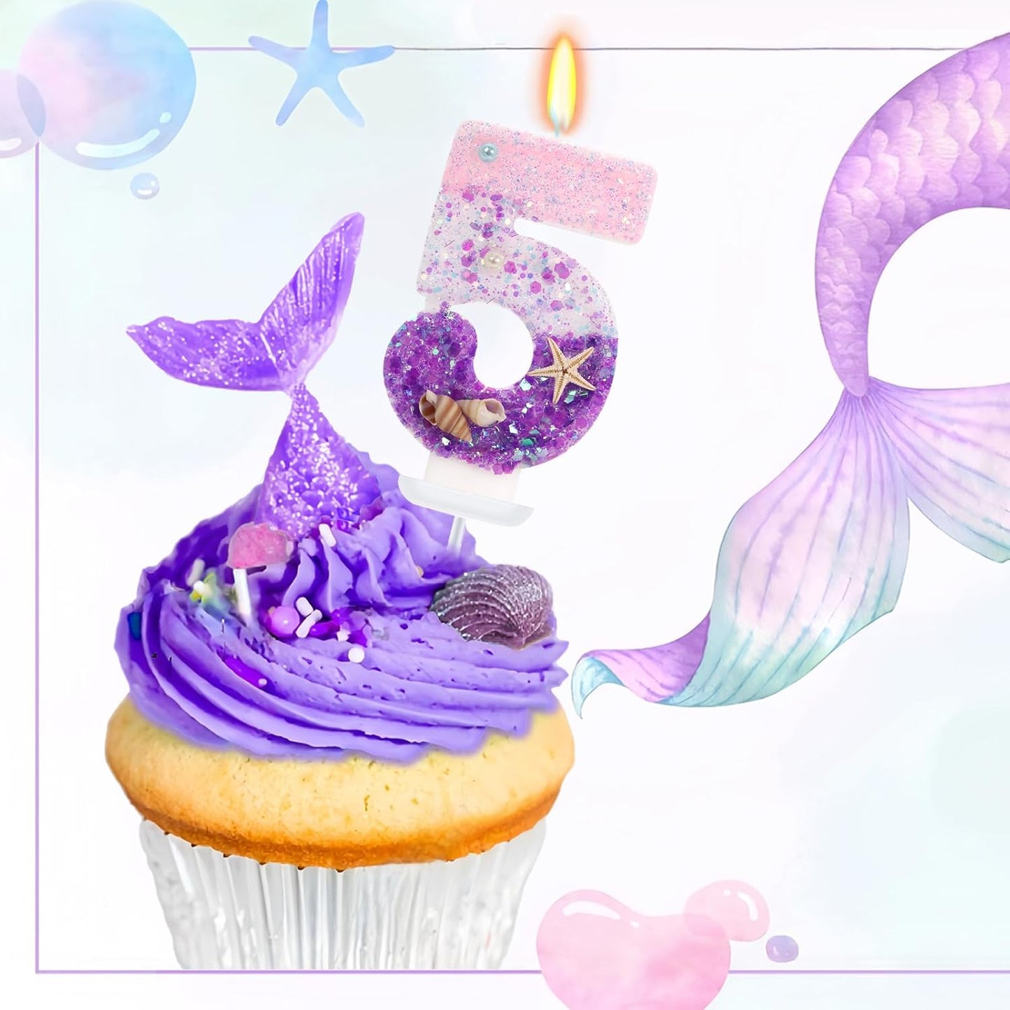 Pink and Purple Number 5 Birthday Candle, 2.76 inch Cake Topper with Conchs Starfish for Mermaid Theme Birthday Party Decoraions (Number 5)