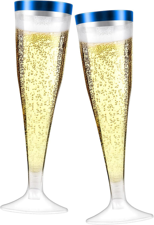 100 Pack Plastic Champagne Flutes,4.5 oz Plastic Glasses,Clear Disposable Champagne Flute,Toasting Glasses for Party Wedding Thanksgiving Day Christmas Party Cocktail Cups(Blue)