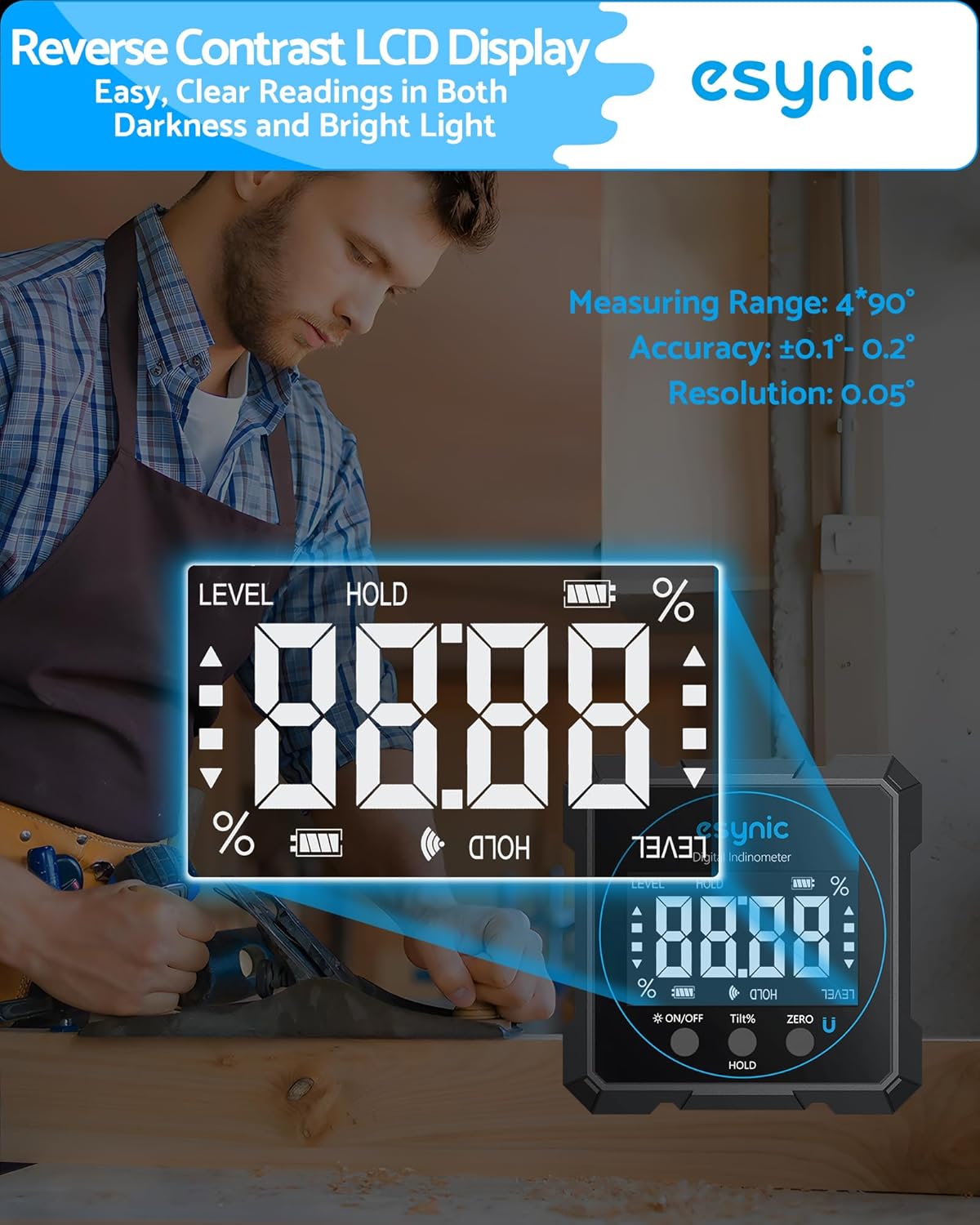 eSynic Portable Digital Angle Finder with Laser -IP54 Waterpoof 4 Sides Magnetic Digital Inclinometer -Auto Off Backlight LCD Display Rechargeable Angle Gauge for Construction (Laser Level: Class II)
