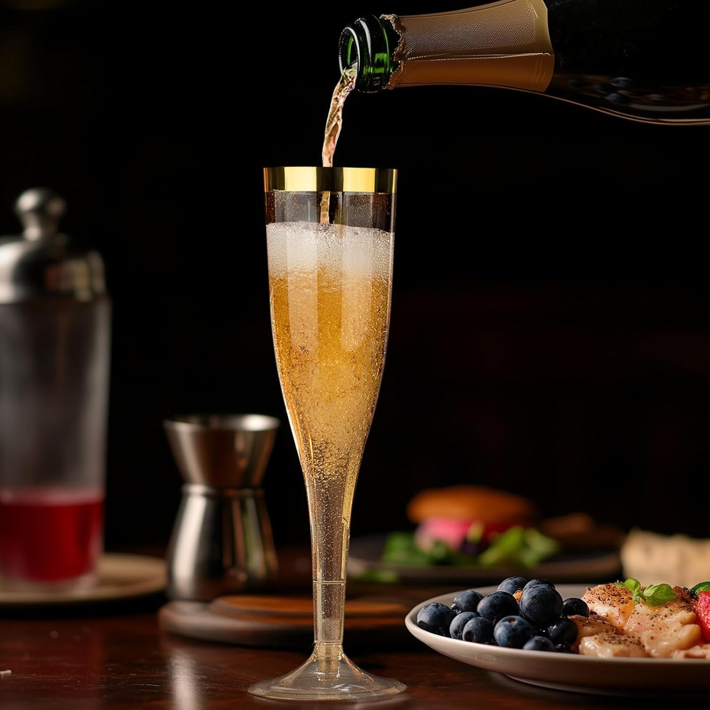 Goodluck 48 Pack 6.5 oz Plastic Gold Glitter Champagne Flutes with Gold Rim, Disposable Champagne Toasting Glasses for Wedding, Engagement, Party, Mimosa Bar