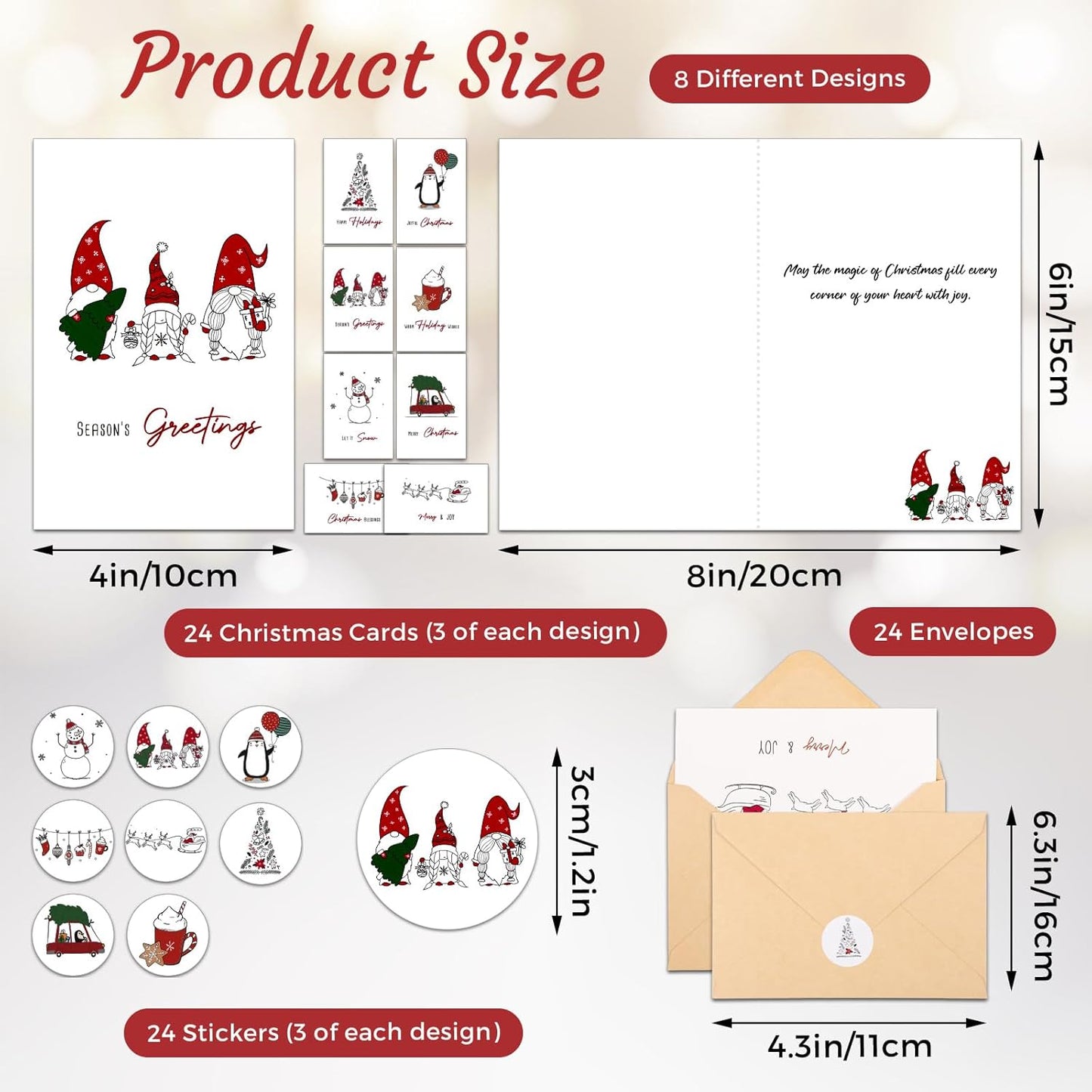 Christmas Cards with Envelopes, 24 Pack Merry Christmas Cards with Stickers, 8 Assorted Designs 4x6 Inch Happy Holidays Card New Year Greeting Card for Family, Friends, Boys & Girls
