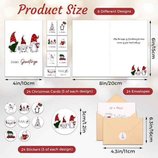 Christmas Cards with Envelopes, 24 Pack Merry Christmas Cards with Stickers, 8 Assorted Designs 4x6 Inch Happy Holidays Card New Year Greeting Card for Family, Friends, Boys & Girls
