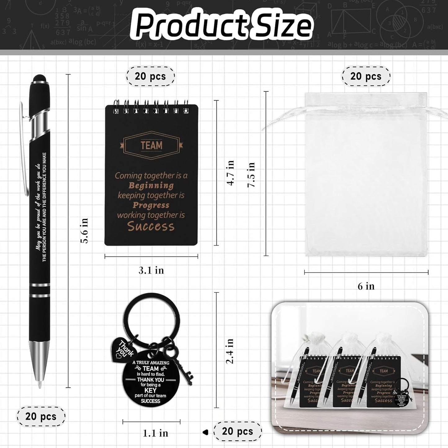 CZWZ 80 Pcs Employee Appreciation Gifts Set, Includes Notepads Pens Thank You Keychains and Organza Bags, Team Recognition Gifts for Coworkers Staff Employees Retirement Birthday Christmas(Black)