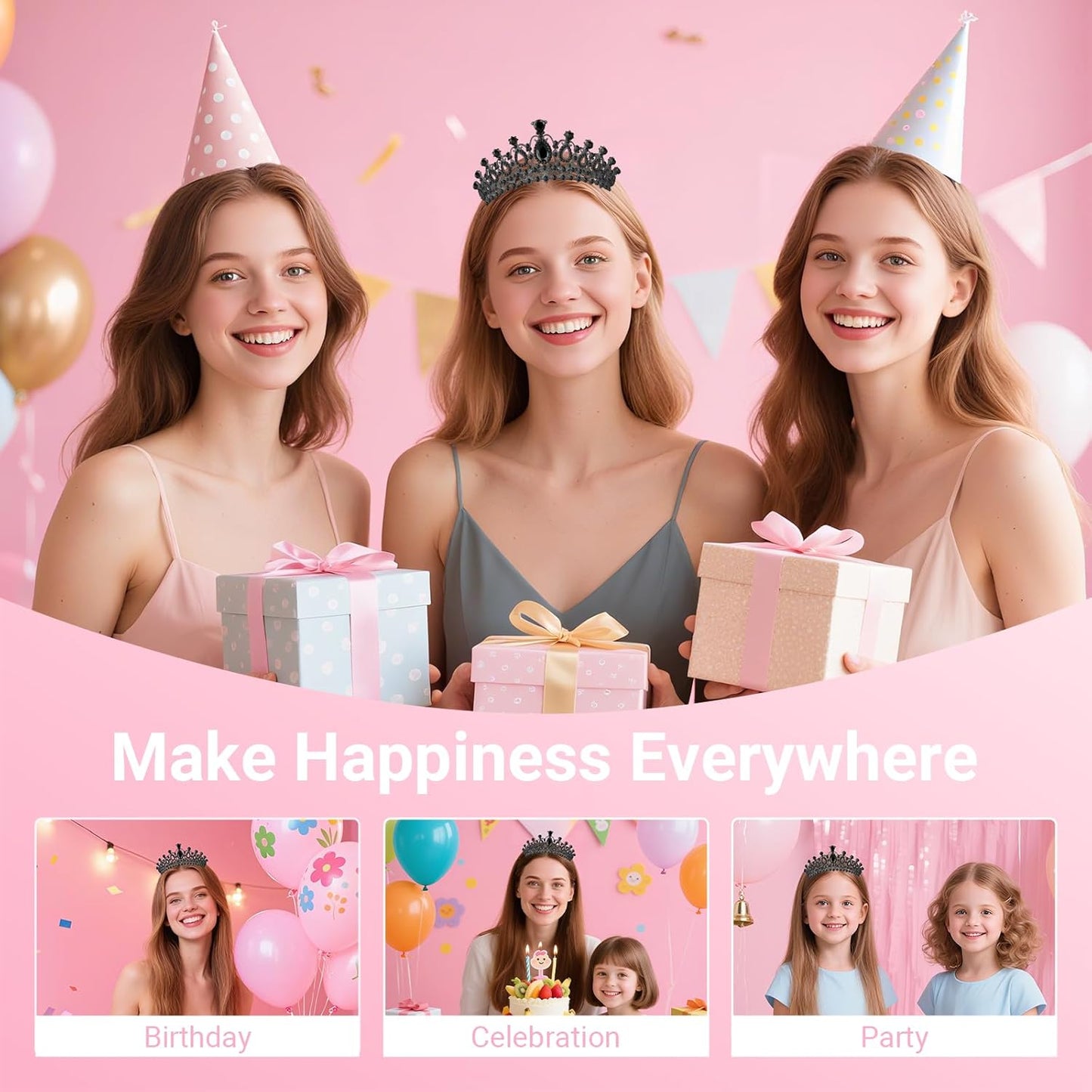 Birthday Tiara and Crown with Sash, Birthday Tiara for Women Party (Black)