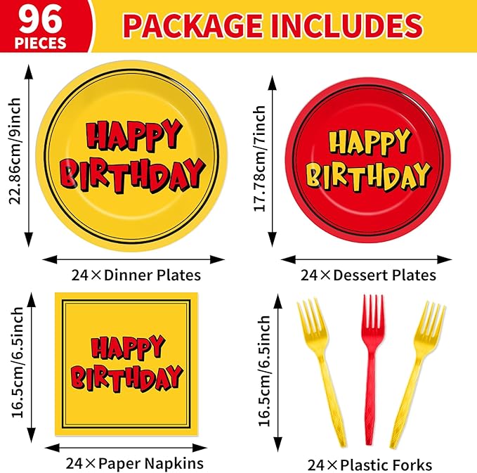 96PCS Cartoon Animation Birthday Paper Plates and Napkins for Cartoon Happy Birthday Party Decorations Red and Yellow Cartoons Animation Dinnerware Set for Boys Girls Kids Party Supplies Serve 24