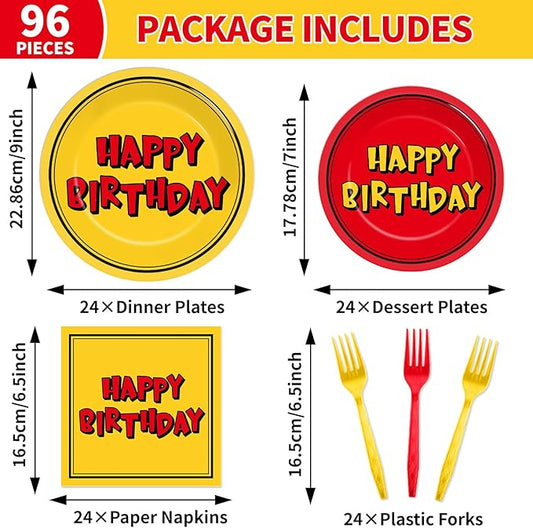 96PCS Cartoon Animation Birthday Paper Plates and Napkins for Cartoon Happy Birthday Party Decorations Red and Yellow Cartoons Animation Dinnerware Set for Boys Girls Kids Party Supplies Serve 24