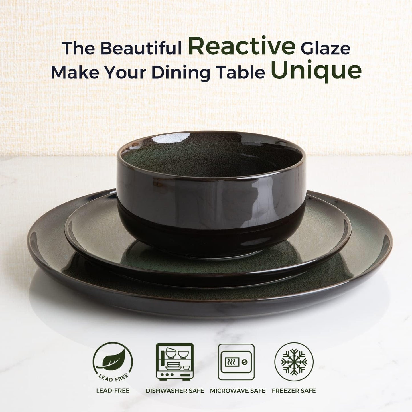 LERATIO Ceramic Plates Set of 6, 8.5 Inch Reactive Glaze Light Weight Porcelain Salad Plates,Modern Shape Dinnerware Dishes Set for Kitchen,Microwave&Dishwasher&Oven Safe,Resistant-Green