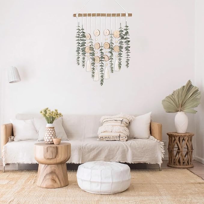 Bathroom Decor Artificial Eucalyptus Greenery Hanging Wall Decor Faux Eucalyptus Leaves Hanging Plant with Wooden Stick with Rustic Farmhouse for Bedroom Nursery Boho Home Decorations