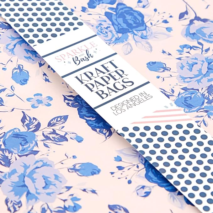 Sparkle and Bash Floral Party Favor Bags - 24-Pack, 10 x 8 x 4 In, Blue & Pink - Reusable Paper with Handles for Thank You Gift Bags at Wedding, Bridal & Baby Shower