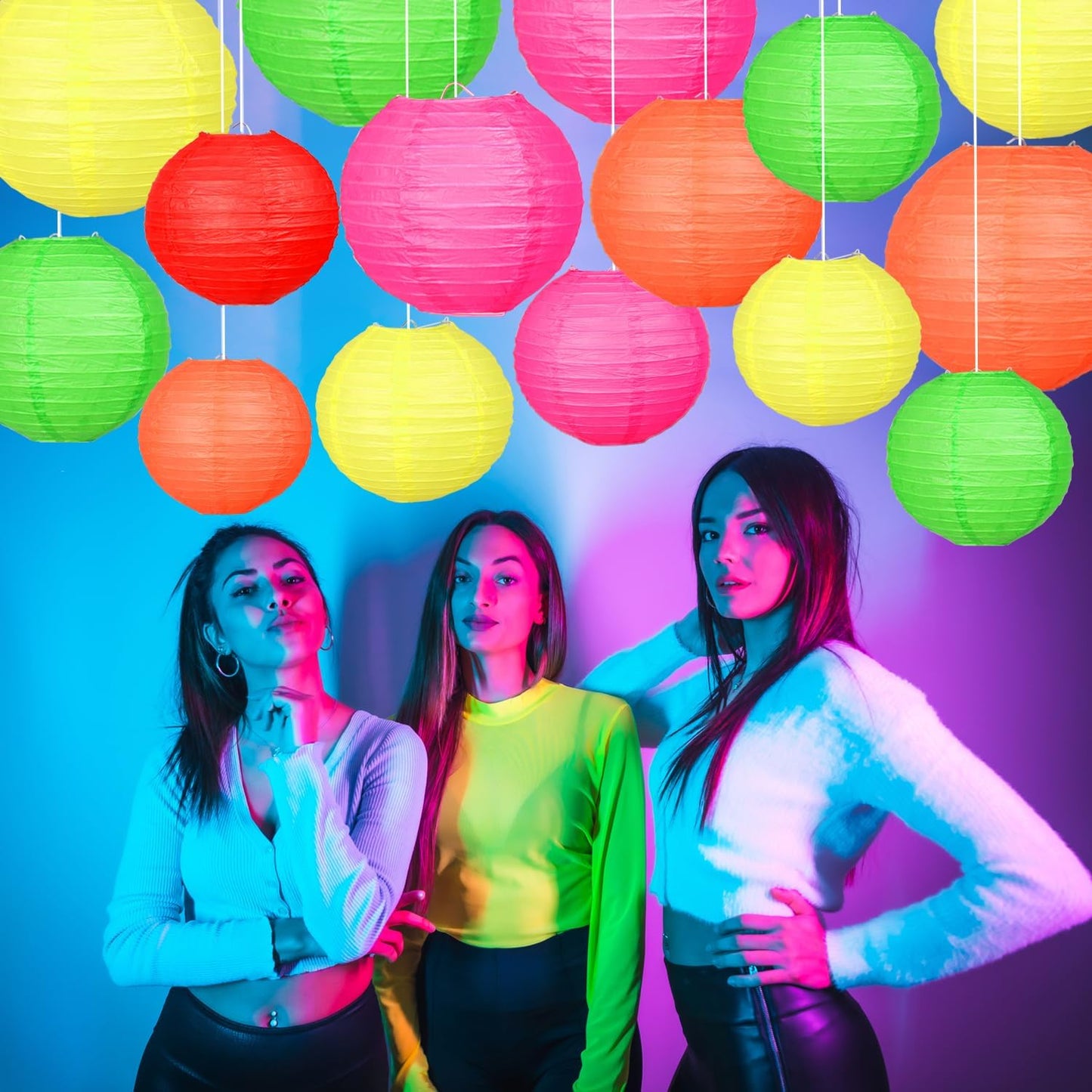 21pcs Colorful Hanging Paper Lanterns, Neon Party Decorations - Round Paper Lanterns, for Neon Themed Birthday, Baby Showers, Weddings, Engagement Parties, and Other Party Decorations.