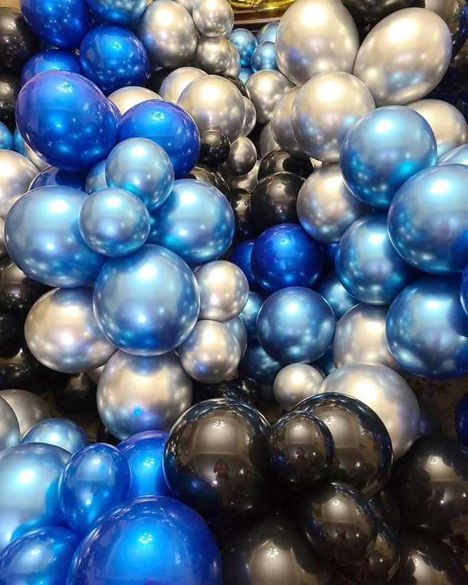 Royal Blue Black and Silver Balloons Garland Arch Kit, 162pcs Different Sizes with Black Royal Blue Metallic Silver Confetti Balloons for Birthday Anniversary 2025 Graduation Prom Party Decorations