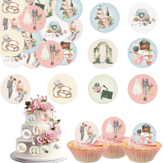36PCS Edible Wedding Cupcake Toppers Wafer Paper Groom and Bride Cupcake Decoration Diamond Ring Cupcake Picks for Bridal Shower Bachelorette Wedding Party Supplies