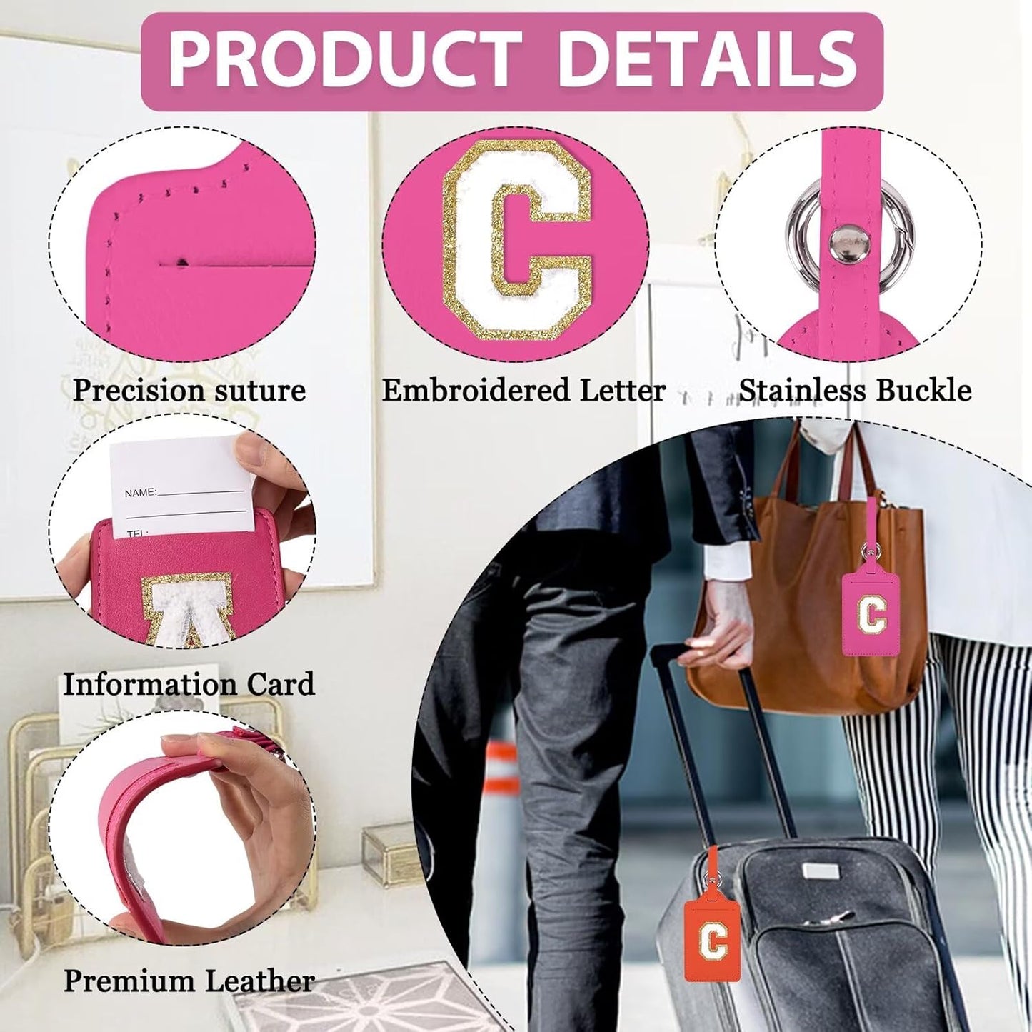 Personalized Initial Luggage Tags for Suitcases, Leather Chenille Letter Cute Luggage Tags with Privacy Name Card, Embroidered Travel Bag Backpack Tags Gifts for Women Kids Girls Teens(Rosered-C)