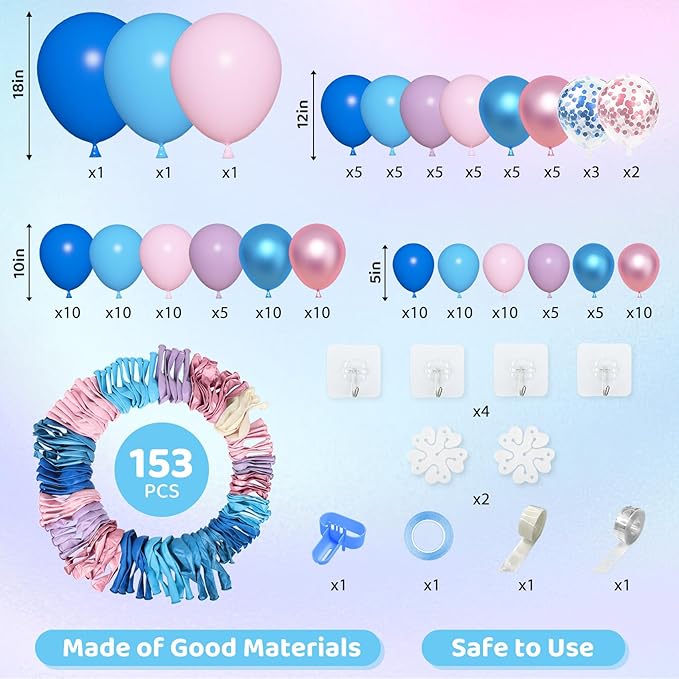 Amandir 153pcs Pink and Blue Balloon Arch Garland Kit, Different Sizes 18 12 10 5 inch Pastel Blue Pink Purple Confetti Balloons for Boys Girls Shower Pool Summer Party Gender Reveal Decorations