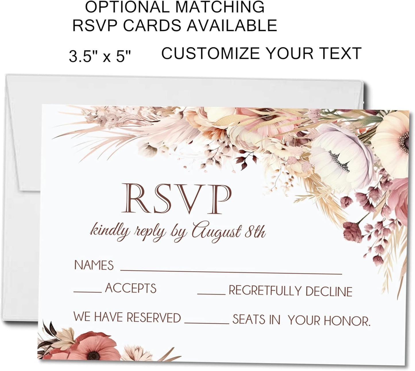 Boho Wedding Inviations, Set of 12 - Pampas Grass Wedding Invitations With Envelopes, Boho Pampas Wedding Invitation (Pampas Grass)