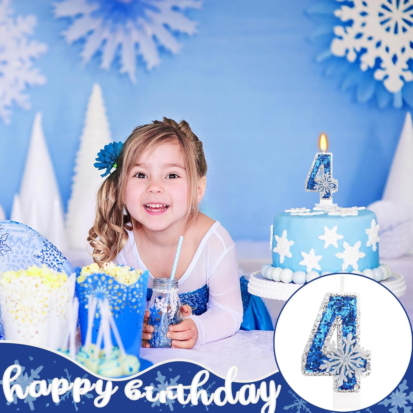 Frozen Themed Birthday Decorations, Snowflake Number 4 Candles for Kids Adults Birthday Party Supplies, 2.76 inch Glitter Cake Topper Decorations (Number 4)