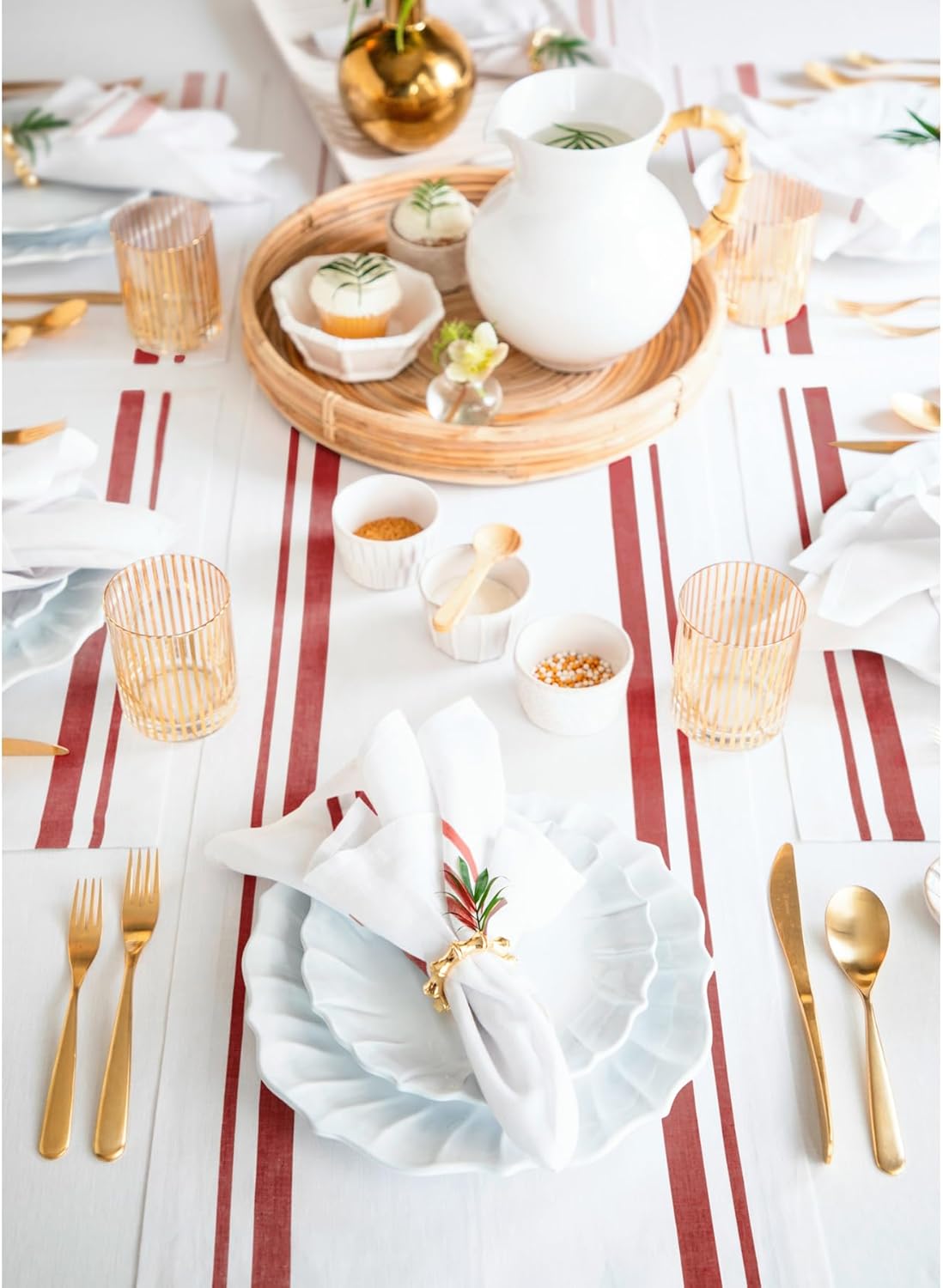 Solino Home Linen Table Runner 60 Inches - 100% Pure Linen Red and White French Stripe Table Runner 14 x 60 Inch Ideal for Dresser and Coffee Tables - Christmas, Holiday