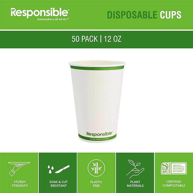 Responsible Products Certified Compostable 12 oz Paper Cups, Cold ＆ Hot Coffee Cups, Disposable Paper Cups, Extra Strength Disposable Cups, Made without PFAS (50 count)