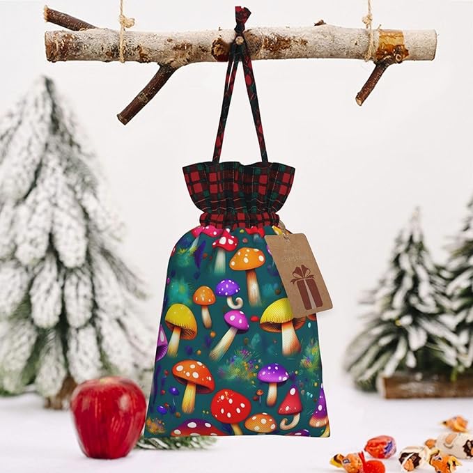 PULaif Bright Mushrooms Arts Christmas Drawstring Gift Bags, Large Size Christmas Bags For Gifts Party Favors, Xmas Gift Bags