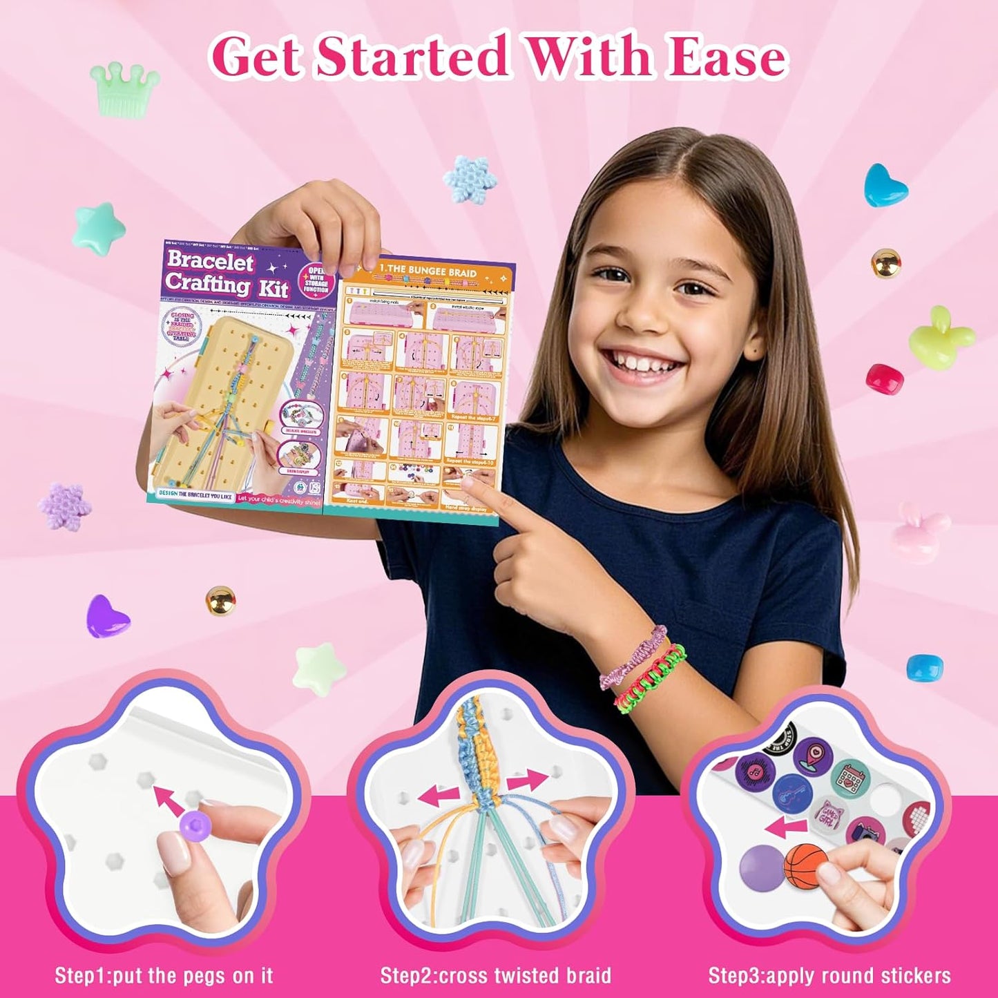 TingingYuli Friendship Bracelet Making Kit with Storage Box,DIY String Bracelet Arts and Craft for Girls Aged 8-12, Birthday Gifts for Ages 6 7 8 9 10 11 12 Year Old -White/Rose