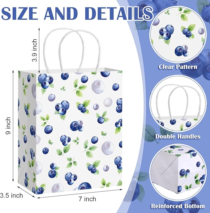 24 Pcs Blueberry Gift Bags Baby Shower Paper Gift Bags with Handles Summer Medium Watercolor Blueberry Party Favor for Birthday Baby Shower Summer Picnic Tea Party Favors Supplies
