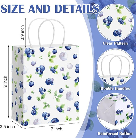 24 Pcs Blueberry Gift Bags Baby Shower Paper Gift Bags with Handles Summer Medium Watercolor Blueberry Party Favor for Birthday Baby Shower Summer Picnic Tea Party Favors Supplies