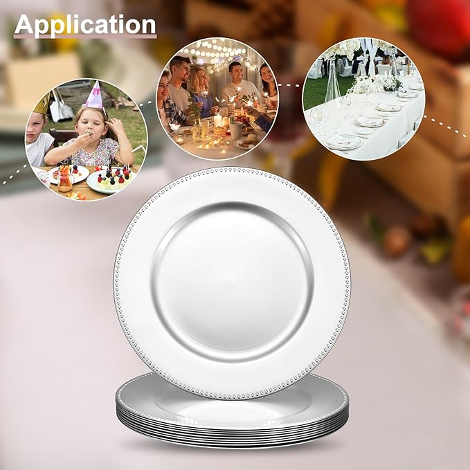 uxcell 10pcs Charger Plates Bulk 13 Inch Plastic Charger Plates Round Plate Chargers for Dinner Wedding Party Event Table Setting Decoration Silver