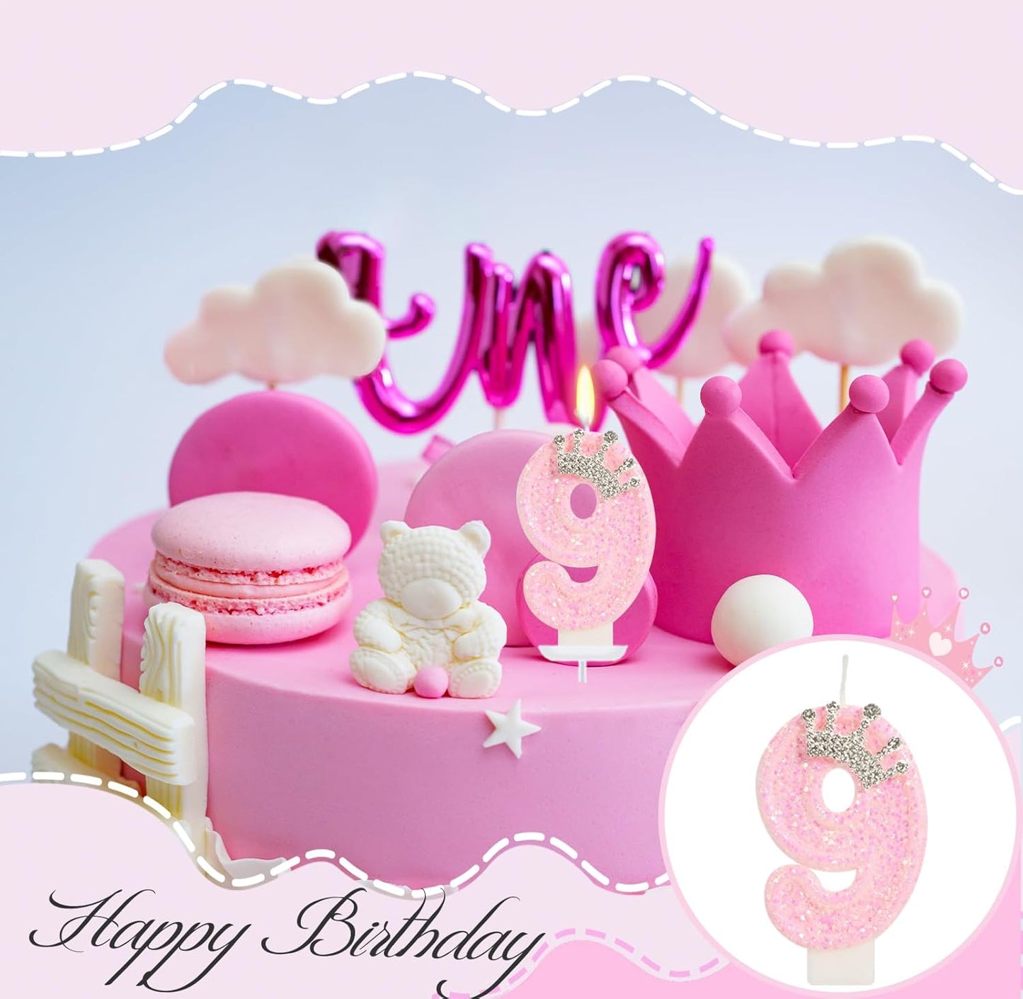 Birthday Candle for Cake, Crown Pink Number Candles, 2.76 inch Cake Topper Decoration for Princess Birthday Party (Number 9)