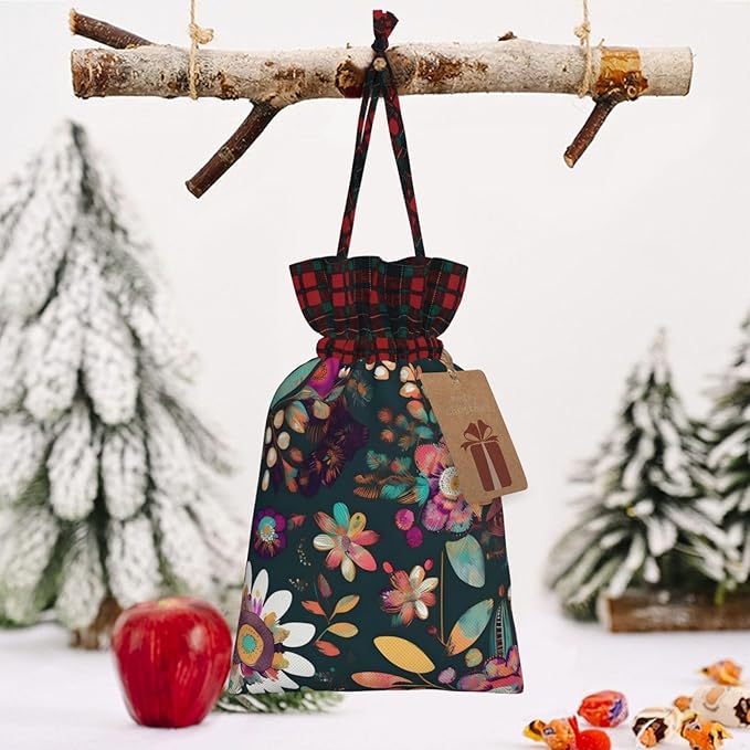 PULaif Colorful Boho Floral Christmas Drawstring Gift Bags, Large Size Christmas Bags For Gifts Party Favors, Xmas Gift Bags