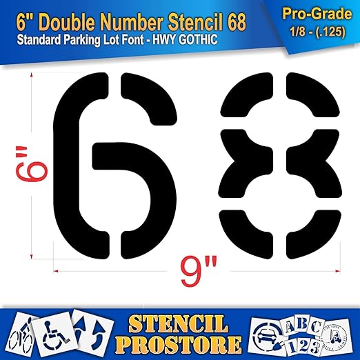 Pavement, Curb, and WheelStop Stencils - 6 inch Double Number Stencil - (68) - 6" x 9" x 1/8" (128 mil) - Pro-Grade