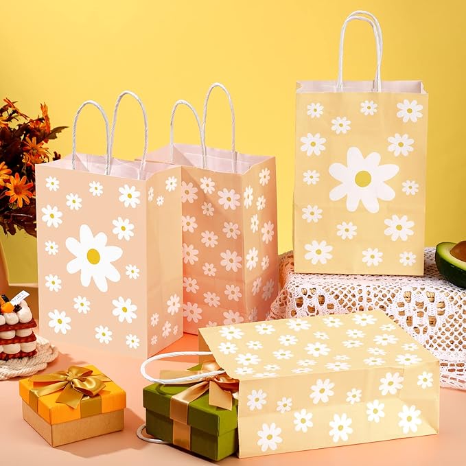 Glenmal 24 Pcs Daisy Goodie Bags Groovy Flower Bags Hippie Party Bag with Handles for Spring Birthday Party Supplies Baby Shower Decorations