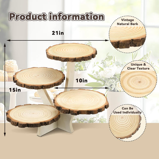 Chunful 4 Tier Round Natural Wood Cupcake Dessert Stand, Cup Cake Tower Stand Holder, Wooden Cake Display Tiered Centerpiece, Great for Party, Birthdays, Weddings, Baby Showers, Holiday Decoration