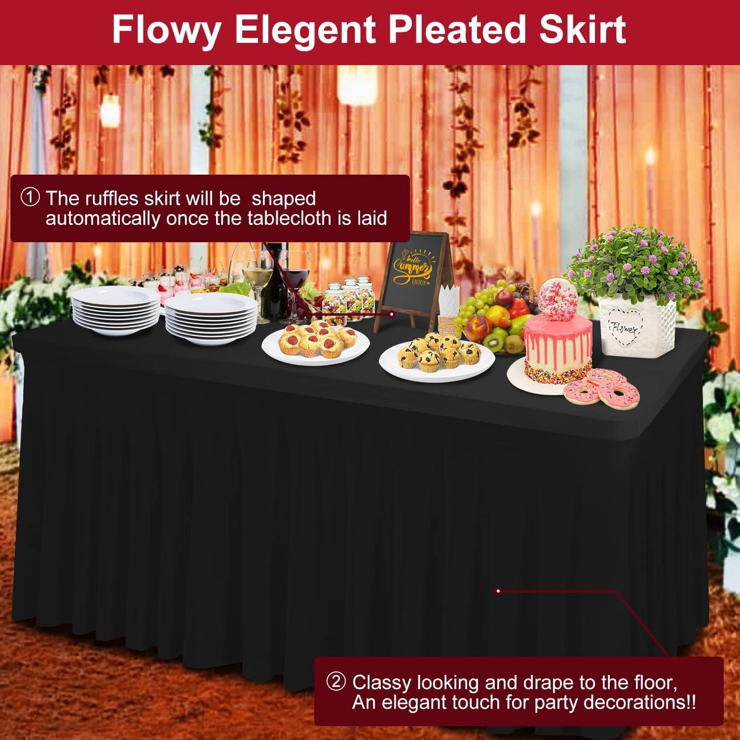 Thick 2 in 1 Spandex Table Skirt and Cover 6ft, Rectangle Fitted Tablecloth with Pleated Skirt, Wrinkle Free Rectangular Table Cloth for Banquets and Vendor Event (Black, 72"*30"*29")