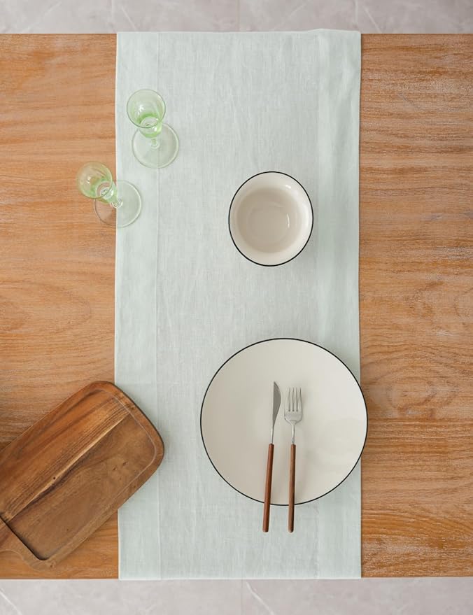 185gsm Rain Dew Hemp Table Runner – Natural Hemp Beige, Handcrafted, Eco-Friendly, Durable Dining Table & Sideboard Decor(Mint Green, 14 x 49 Inch)
